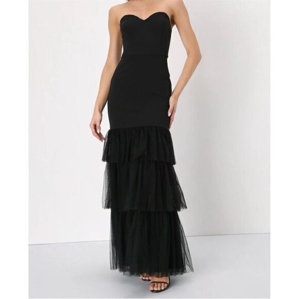 NWT Lulus Dramatic Fanatic Black Strapless Tulle Trumpet Maxi Dress Size S